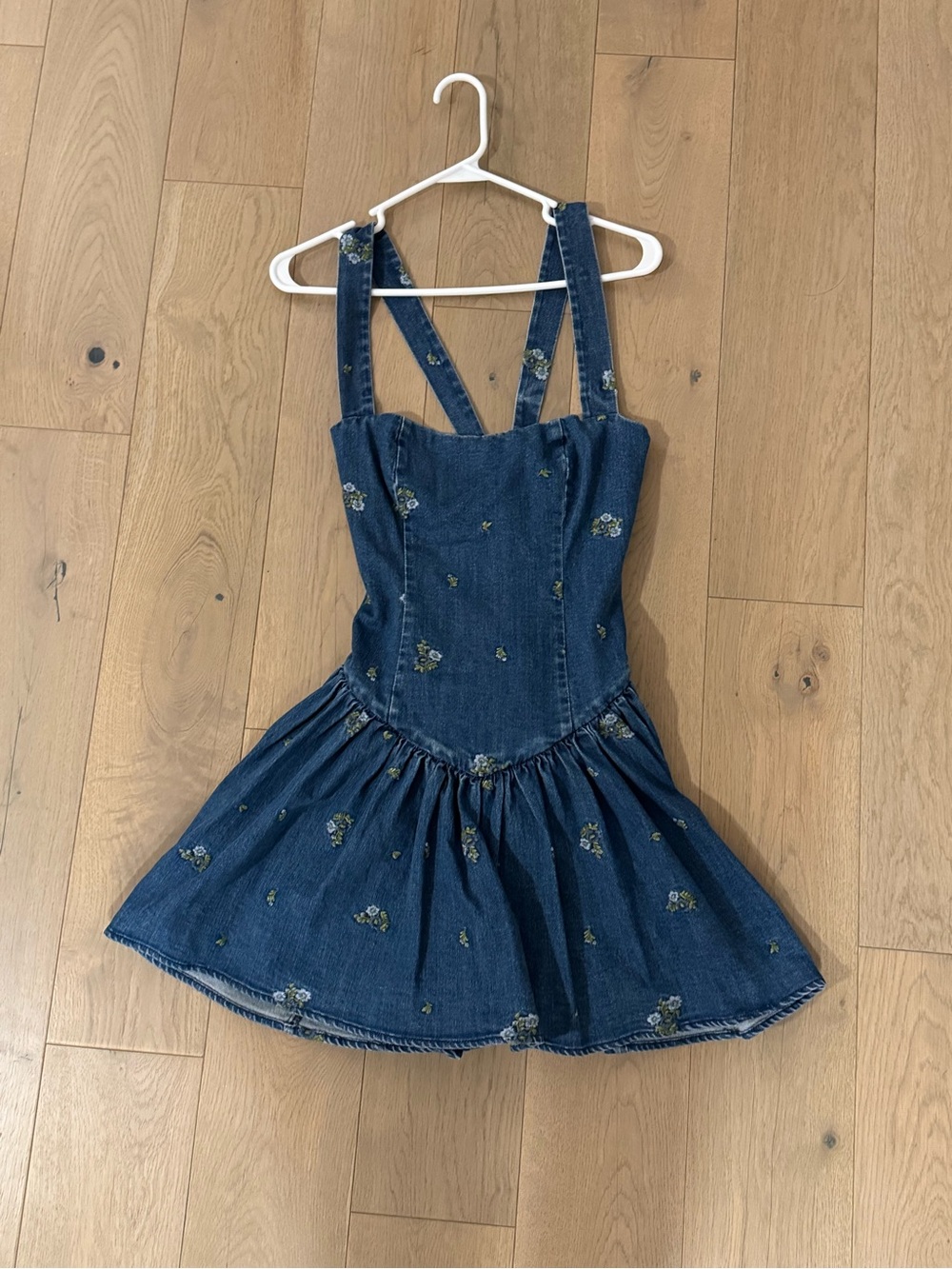 Avec Les Filles Denim Mini Dress with Floral Embroidery - Blue - Picture 5 of 6